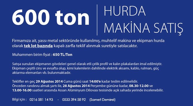 600 Ton Hurda Makina Satışı