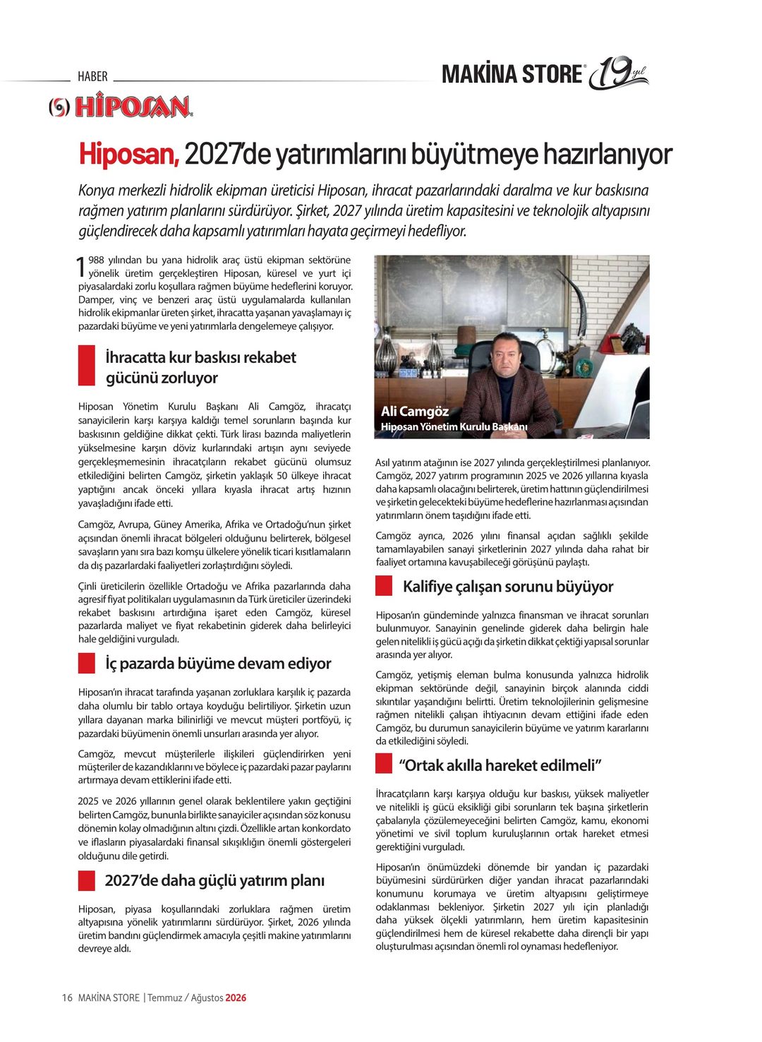 Makina Store · 103. Sayı · Temmuz-Ağustos 2026 · 18